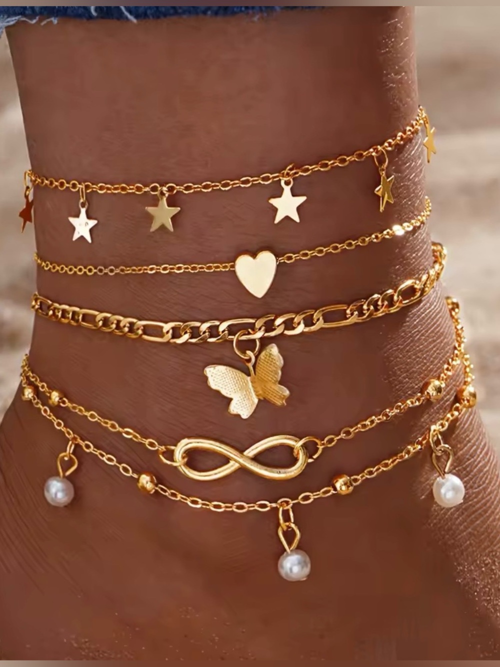 4pcs Elegant Faux Pearl Anklet Set – Heart and Butterfly Pendants | Gold Boho